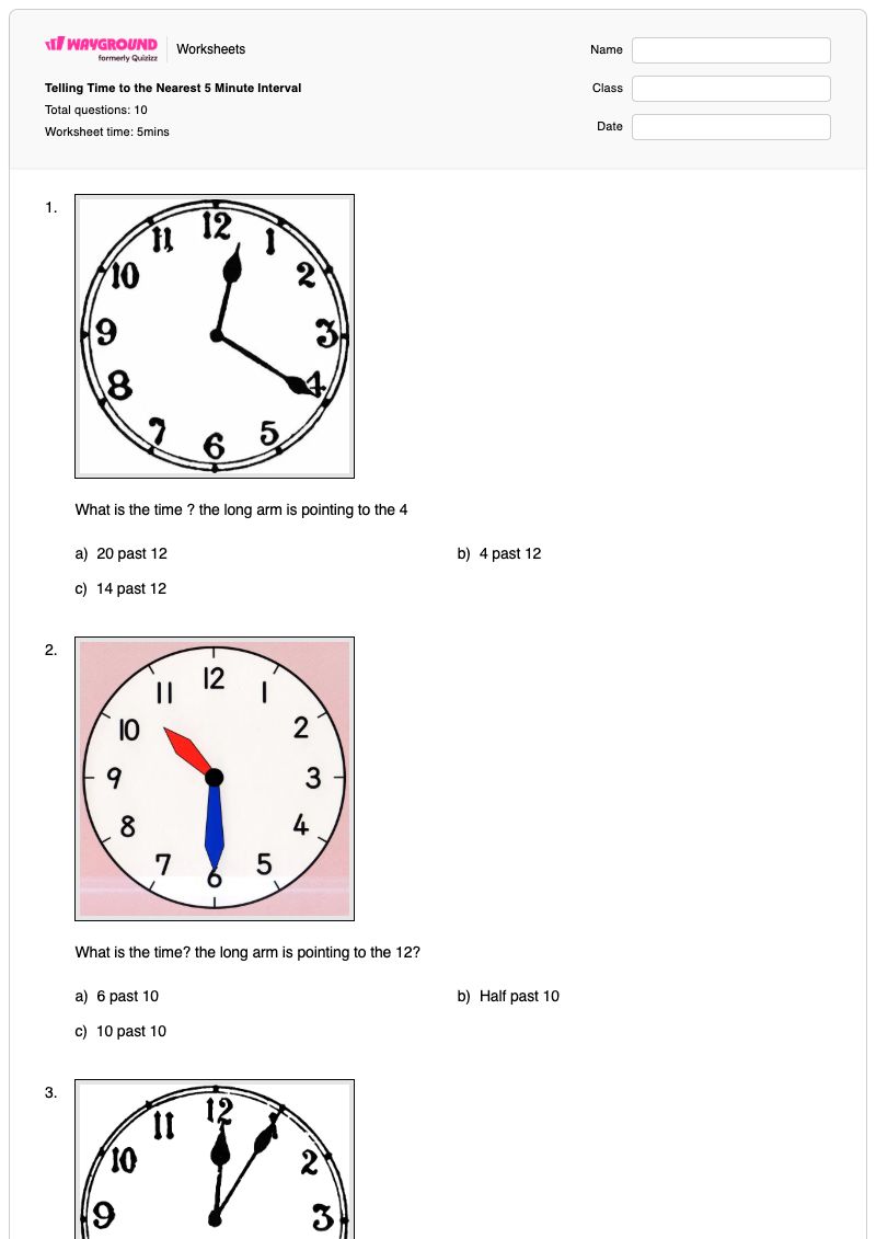 Telling Time to the Nearest 5 Minute Interval - Printable Time-to-the-minute Worksheets - Wayground