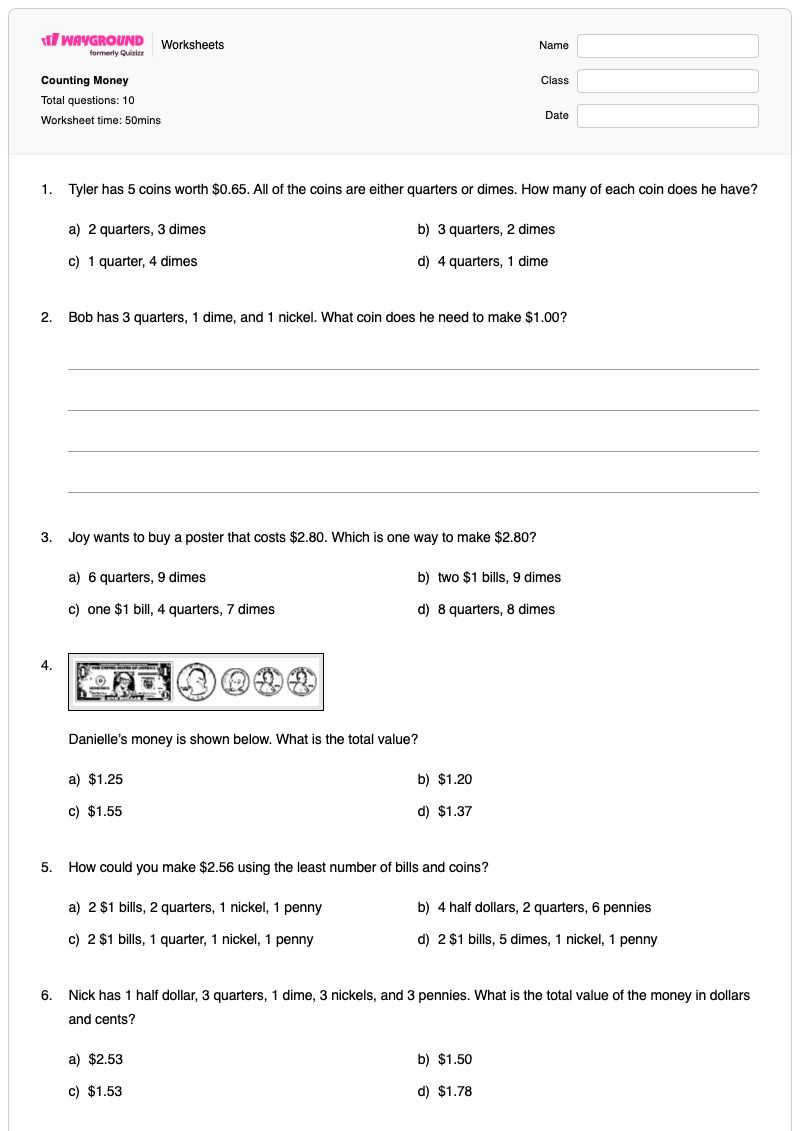 Counting Money - Printable Counting-and-operations-with-manipulatives Worksheets Class 3 - Wayground