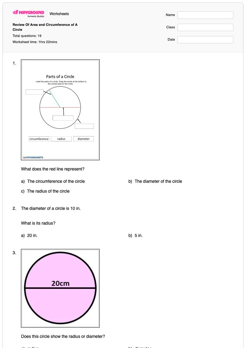 Review Of Area and Circumference of A Circle - พิมพ์ได้ พื้นที่และเส้นรอบวงของวงกลม เวิร์กชีท - Wayground