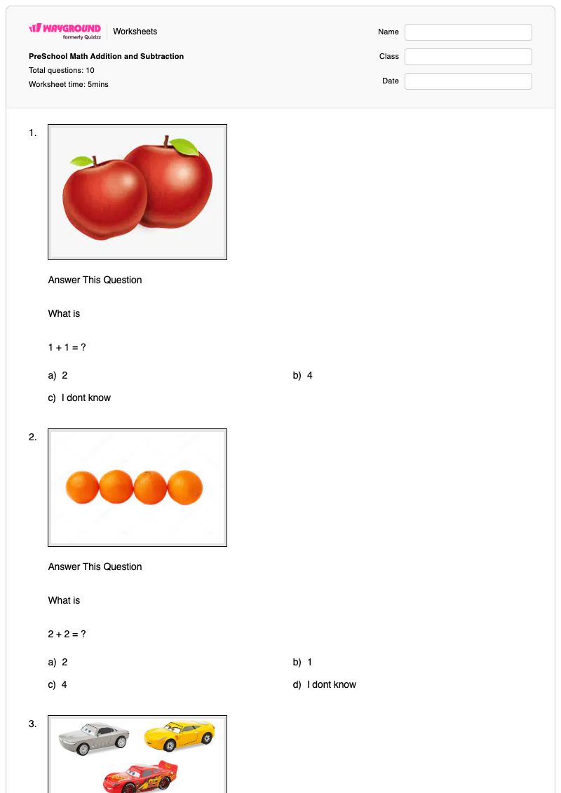 PreSchool Math Addition and Subtraction - พิมพ์ได้ ส่วนที่เพิ่มเข้าไป เวิร์กชีท โรงเรียนอนุบาล - Wayground