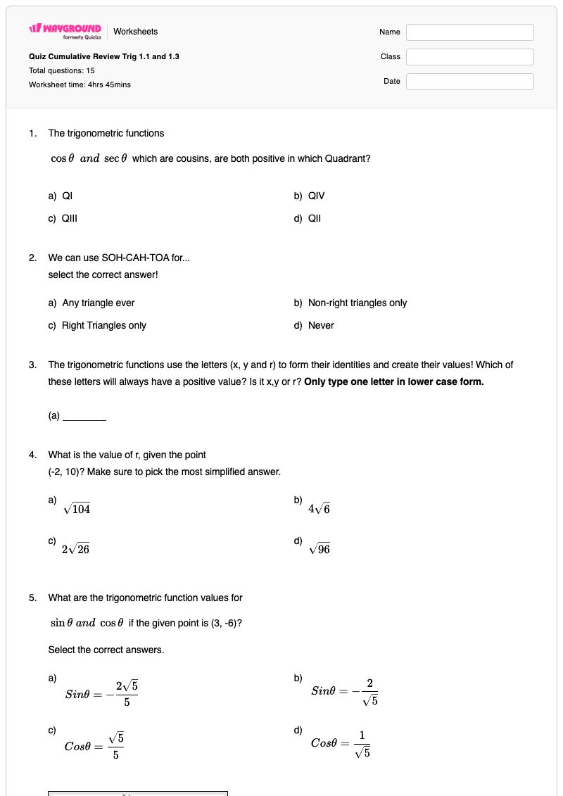 Quiz Cumulative Review Trig 1.1  and 1.3 - Printable Trigonometric-identities Worksheets Year 11 - Wayground