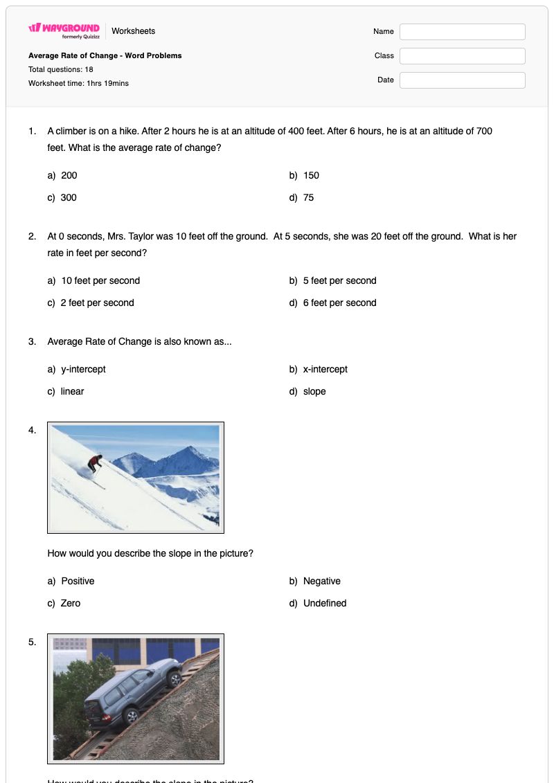 Average Rate of Change - Word Problems - พิมพ์ได้ Average-speed เวิร์กชีท ระดับ 10 - Wayground