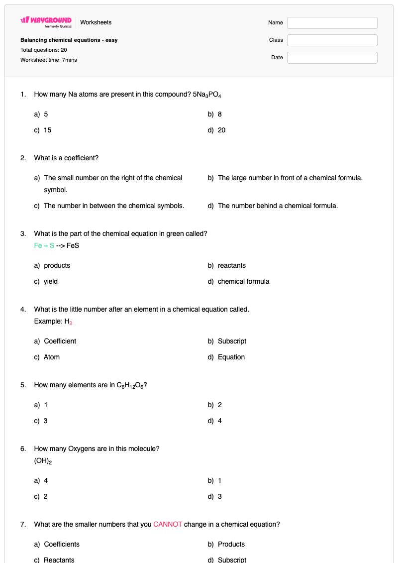 Balancing chemical equations - easy - พิมพ์ได้ การปรับสมดุลสมการทางเคมี เวิร์กชีท - Wayground