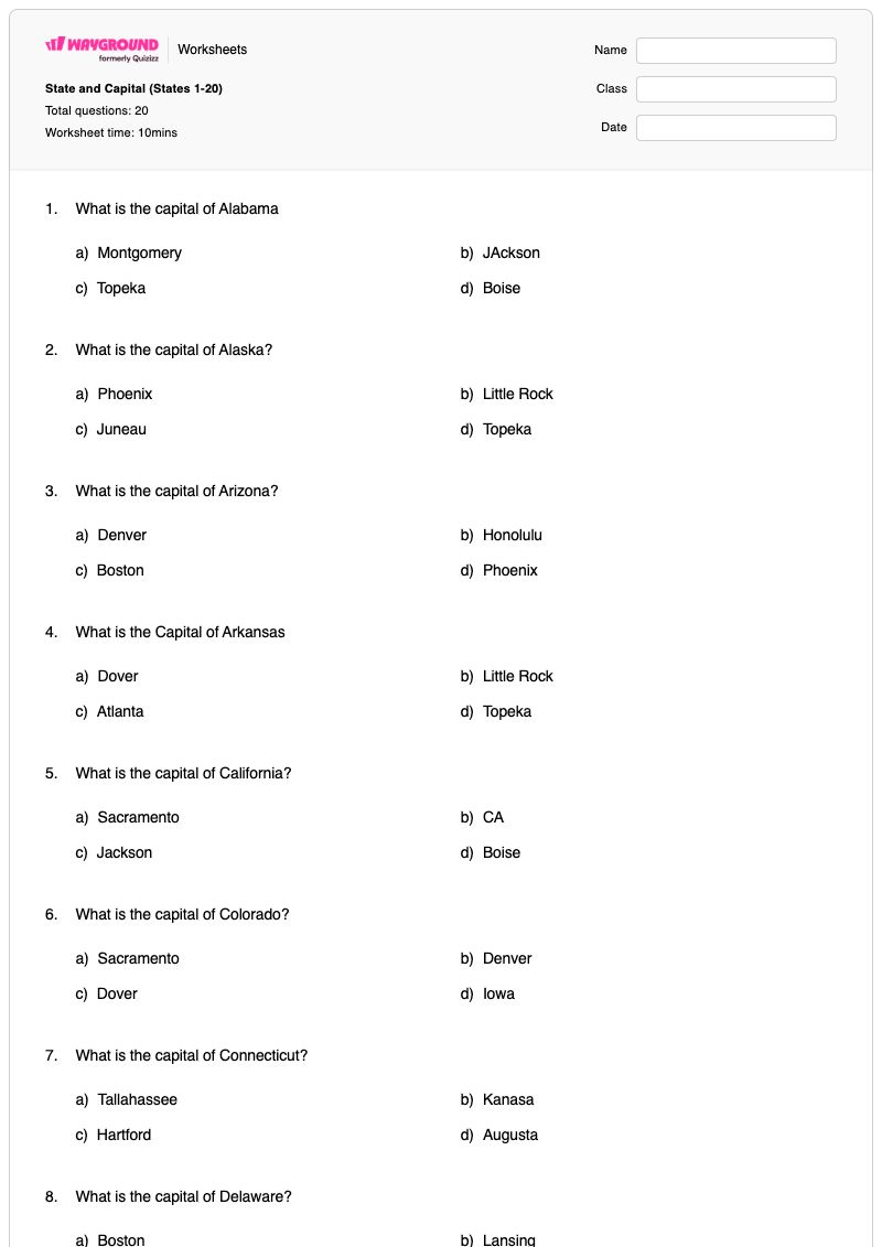 State and Capital (States 1-20) - Printable States-and-capitals Worksheets - Wayground