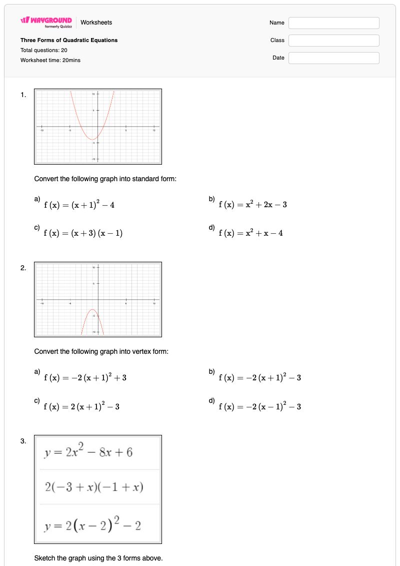Three Forms of Quadratic Equations - Printable Quadratic Worksheets - Wayground