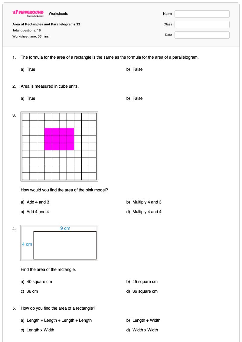 Area of Rectangles and Parallelograms 22 - Printable Area-of-rectangles-and-parallelograms Worksheets Year 6 - Wayground