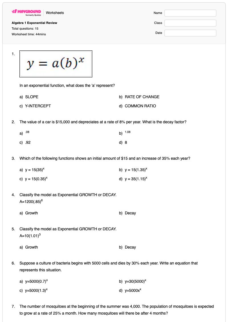 Algebra 1 Exponential Review - Printable Algebra Worksheets - Wayground