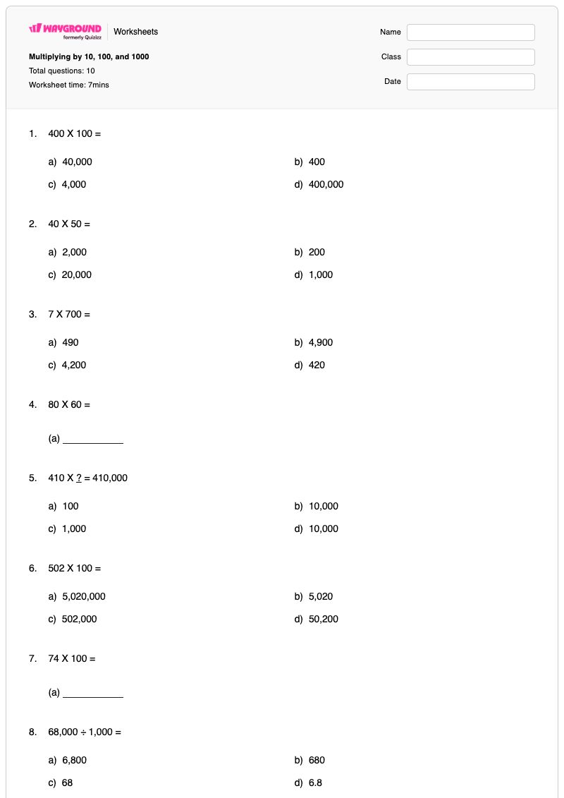 Multiplying by 10, 100, and 1000 - Printable Multiplying-by-10 Worksheets Kindergarten - Wayground