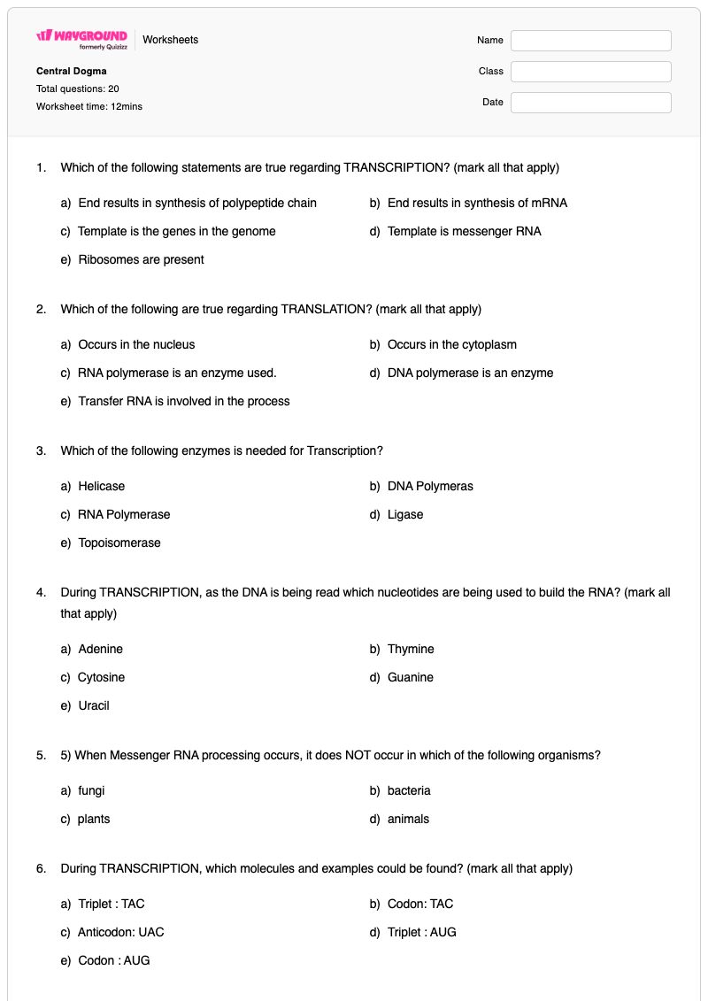 Central Dogma - Printable Central-dogma Worksheets Year 10 - Wayground
