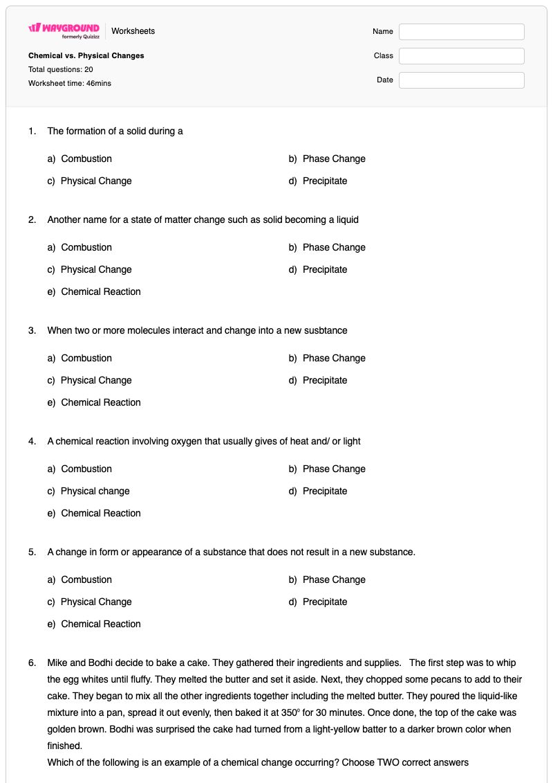 Chemical vs. Physical Changes - Printable Physical-change Worksheets Kindergarten - Wayground