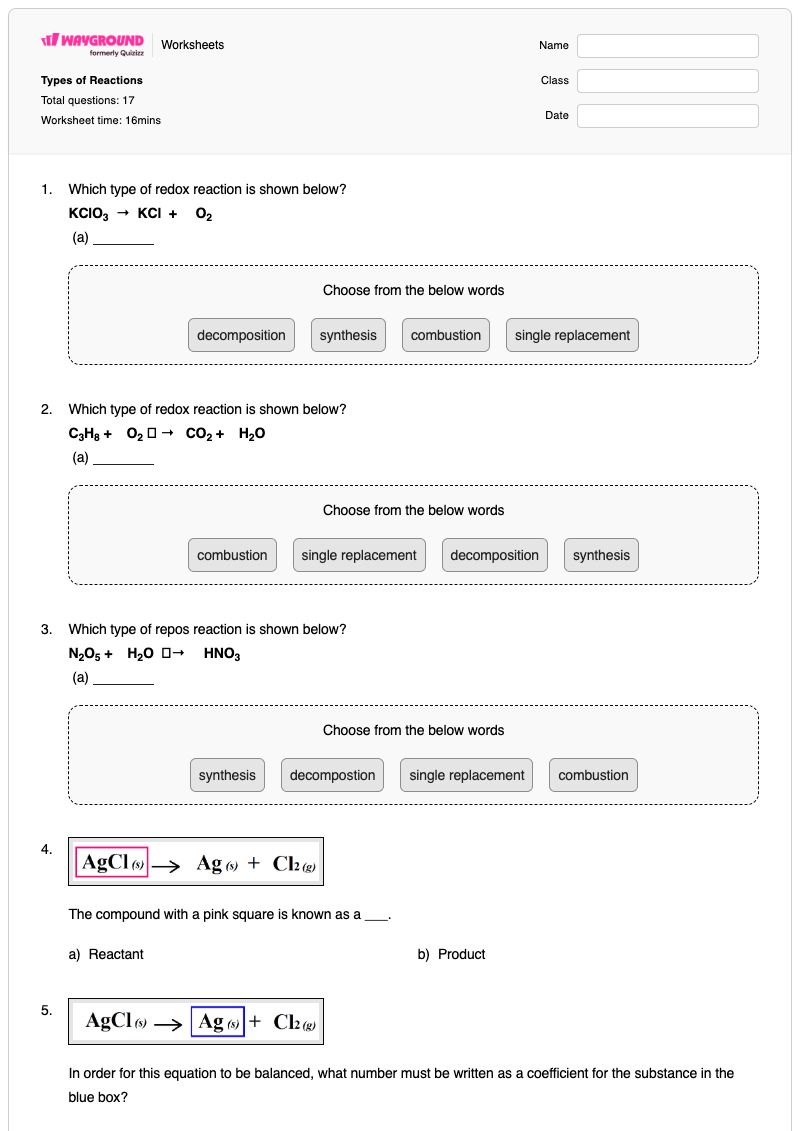 Types of Reactions  - Printable Balancing-redox-reactions Worksheets Grade 9 - Wayground