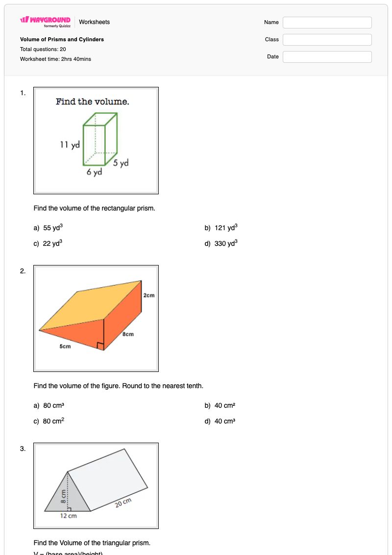 Volume of Prisms and Cylinders - พิมพ์ได้ ปริมาตรของกระบอกสูบ เวิร์กชีท - Wayground