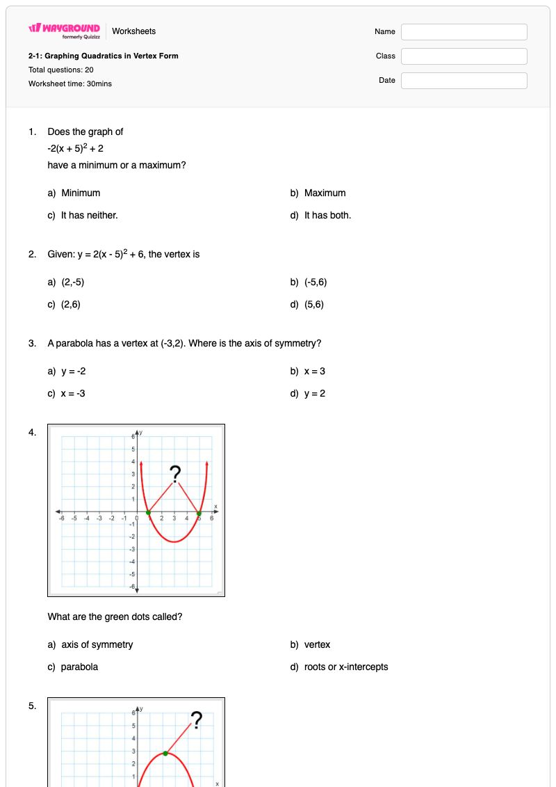 More Quadratics in Vertex Form - พิมพ์ได้ Vertex-form เวิร์กชีท - Wayground