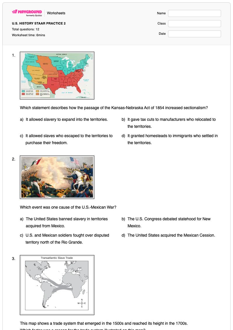 U.S. HISTORY STAAR PRACTICE 2 - Printable U.s.-history Worksheets Grade 8 - Wayground