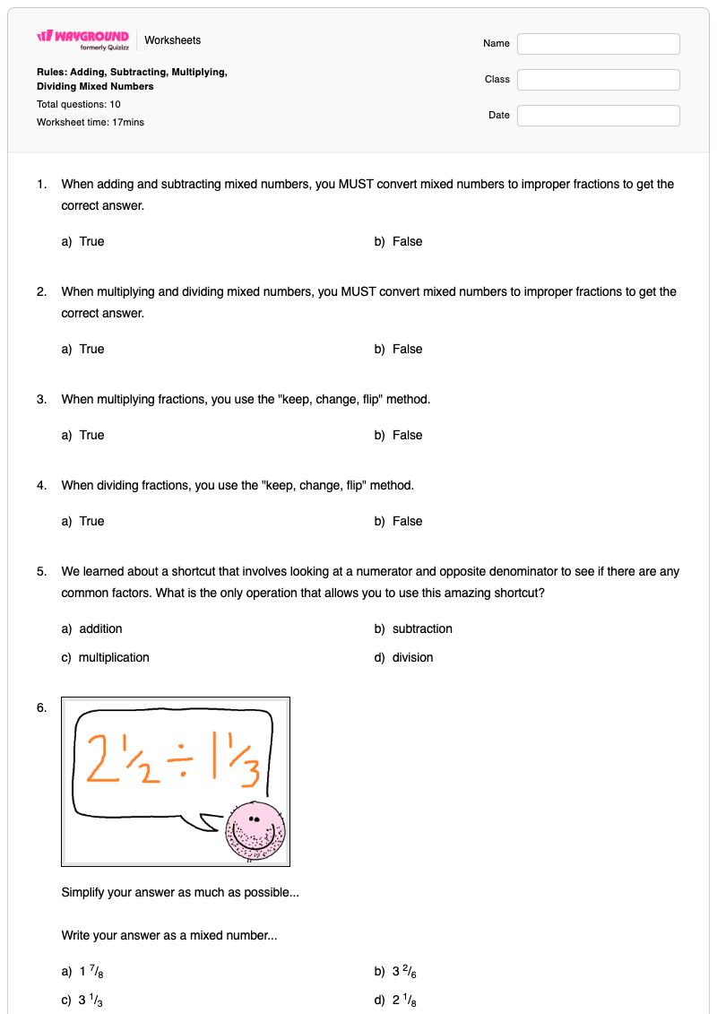 Rules: Adding, Subtracting, Multiplying, Dividing Mixed Numbers - พิมพ์ได้ Mixed-multiplication-and-division เวิร์กชีท - Wayground