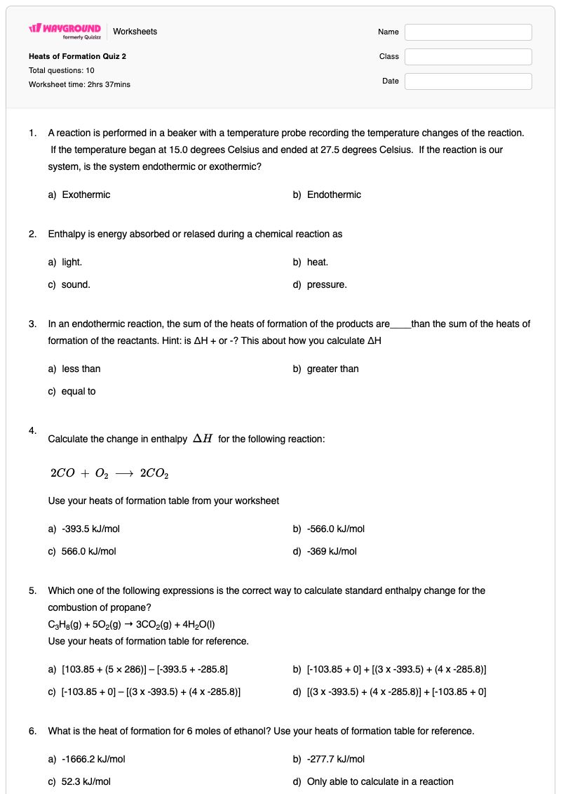 Heats of Formation Quiz 2 - Printable Enthalpy-of-formation Worksheets - Wayground