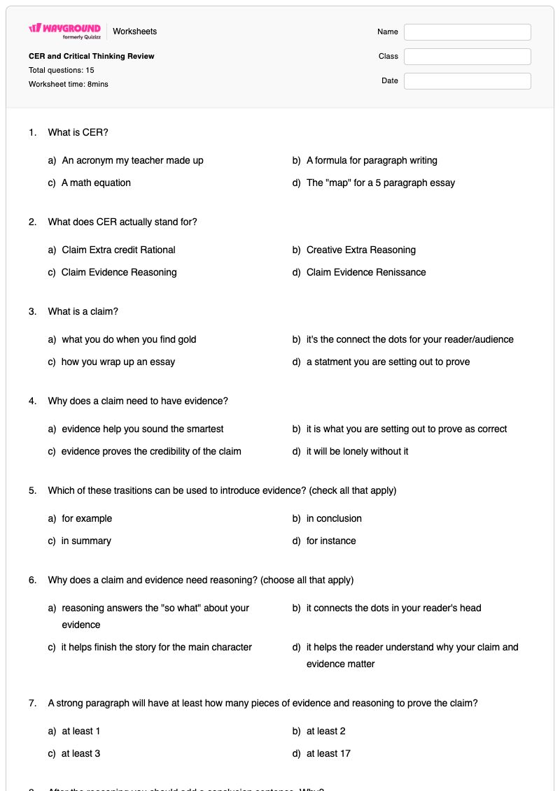 CER and Critical Thinking Review - พิมพ์ได้ การคิดเชิงวิพากษ์ เวิร์กชีท ระดับ 9 - Wayground