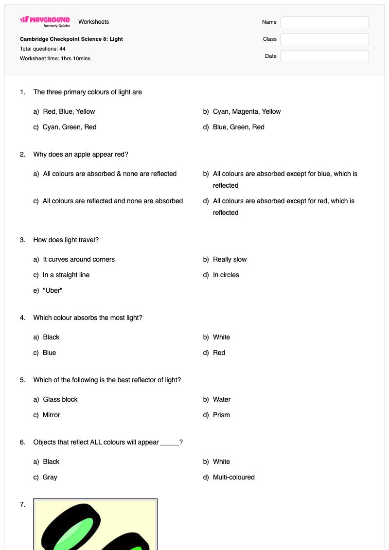 Cambridge Checkpoint Science 8: Light - Printable Science Worksheets - Wayground