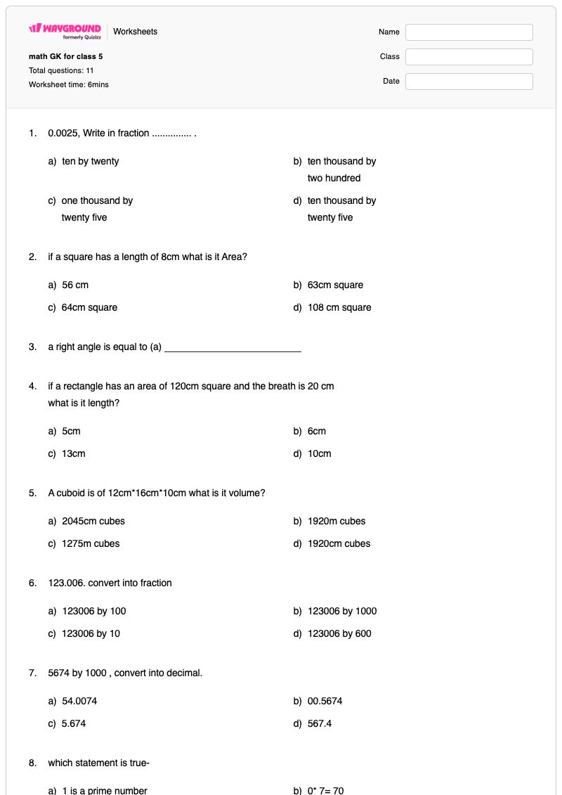 math GK for class 5 - Printable Class 5 Worksheets - Wayground