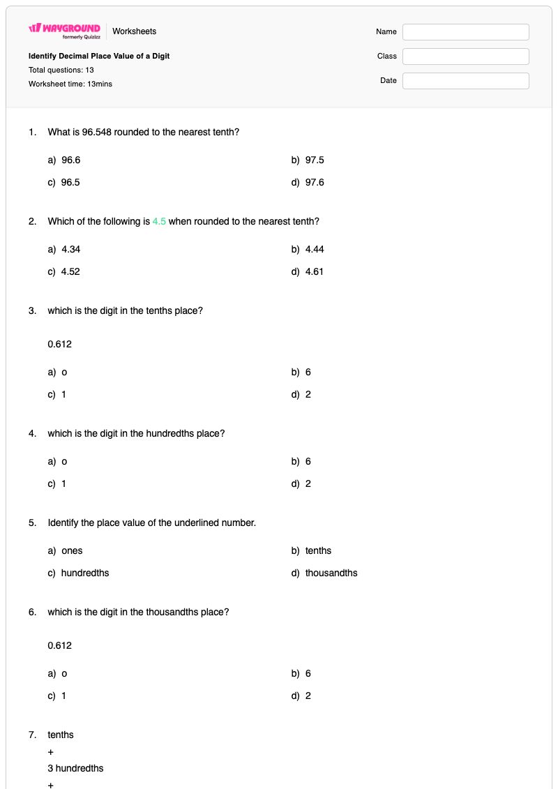 Identify Decimal Place Value of a Digit - พิมพ์ได้ ค่าประจำหลักทศนิยม เวิร์กชีท - Wayground