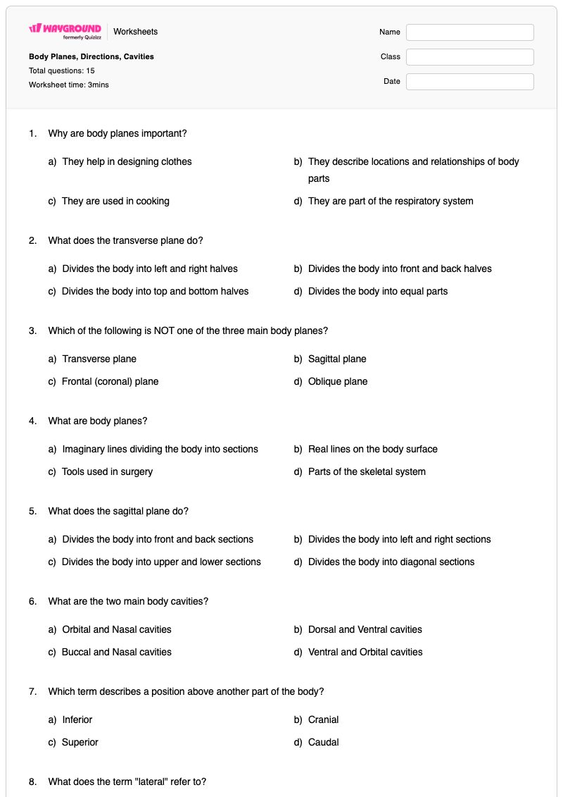 Body Planes, Directions, Cavities - Printable Body-planes Worksheets - Wayground