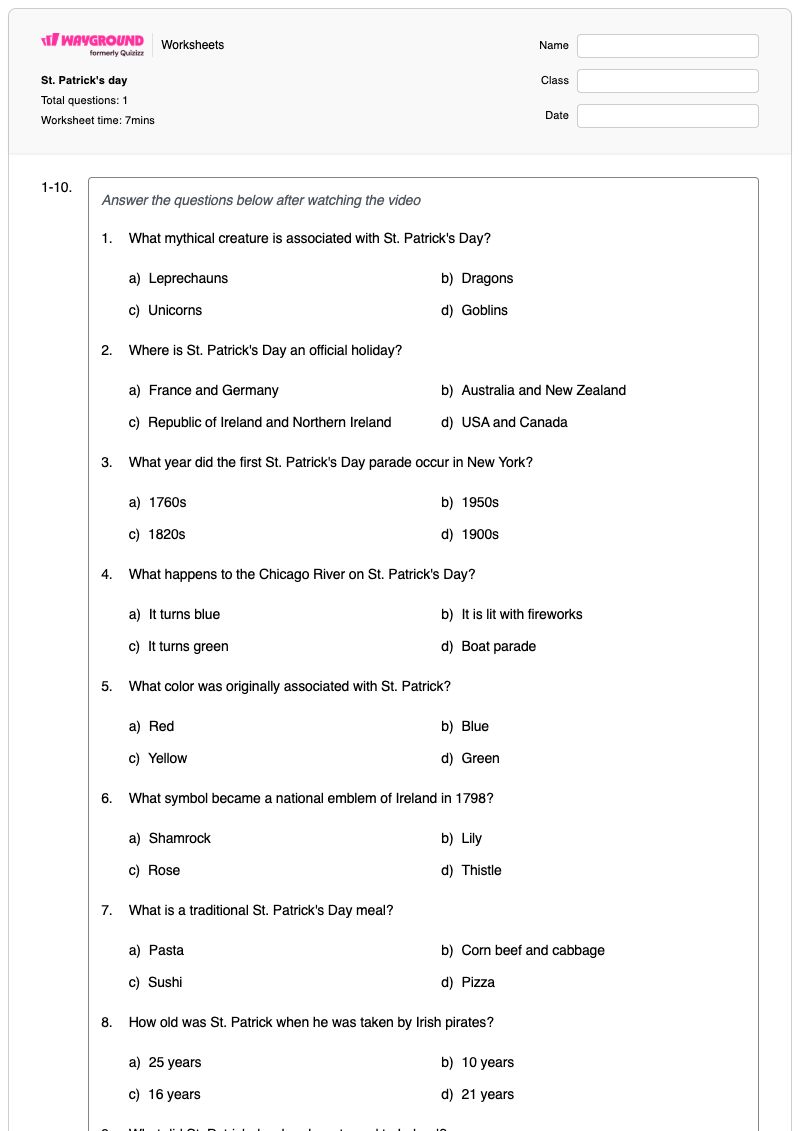 St. Patrick's day - Printable All-saints-day Worksheets Class 2 - Wayground