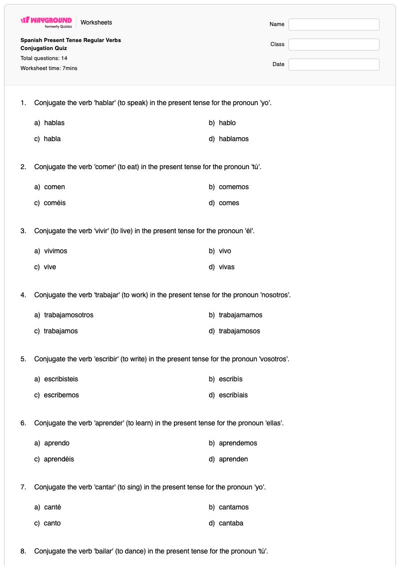 Spanish Present Tense Regular Verbs Conjugation Quiz - พิมพ์ได้ คำกริยาในรูปปัจจุบันกาล เวิร์กชีท - Wayground