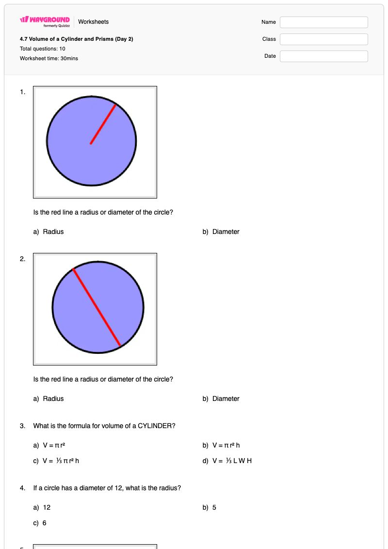 4.7 Volume of a Cylinder and Prisms (Day 2) - พิมพ์ได้ ปริมาตรของกระบอกสูบ เวิร์กชีท - Wayground