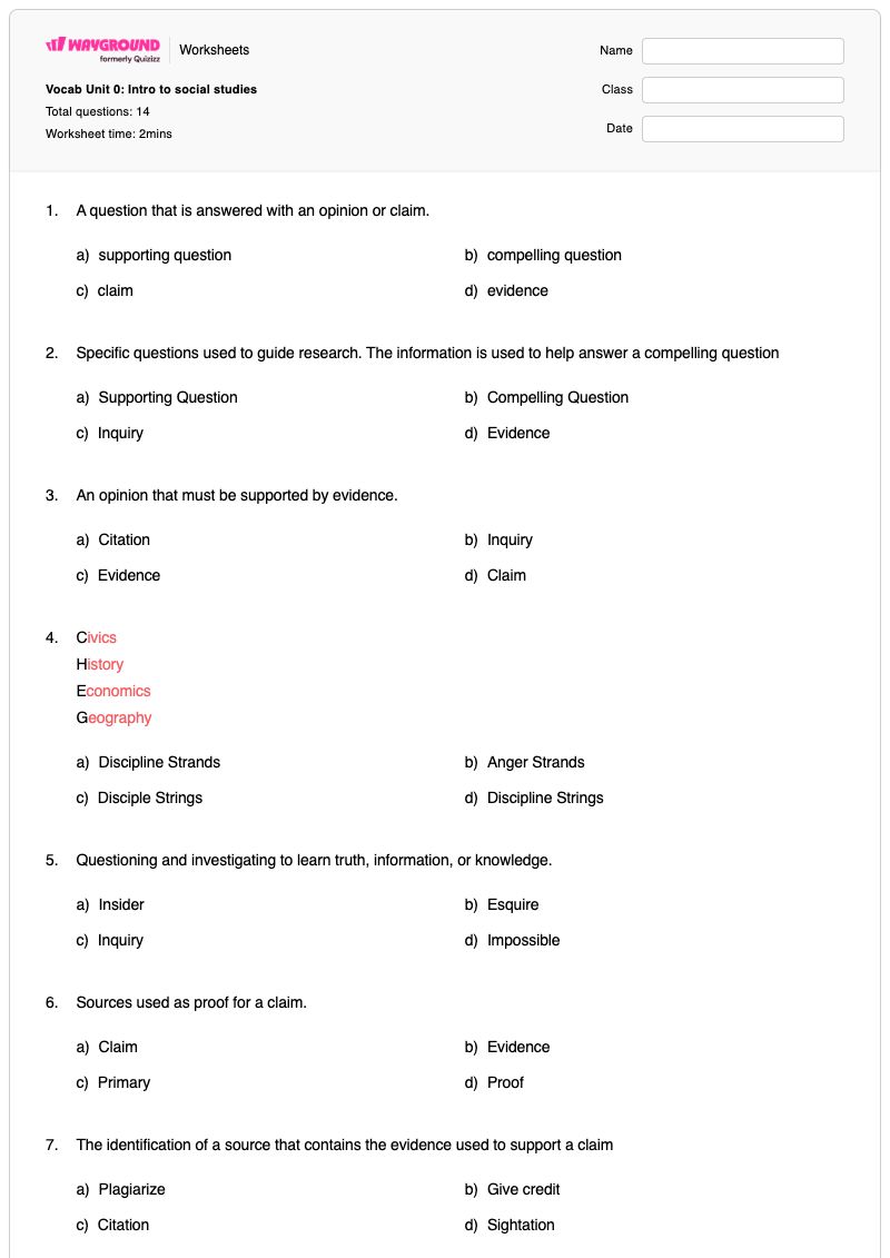 Vocab Unit 0: Intro to social studies - Printable Social-studies Worksheets - Wayground