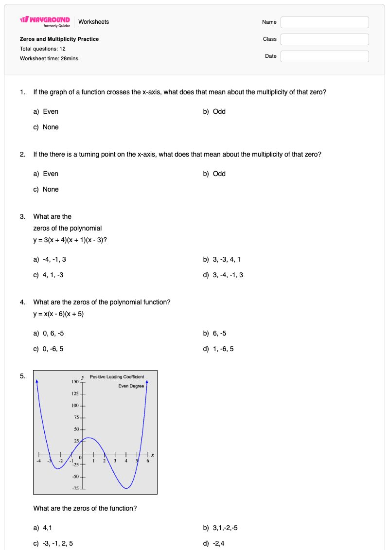 Zeros and Multiplicity Practice - Printable Zeros-and-multiplicity Worksheets Class 10 - Wayground