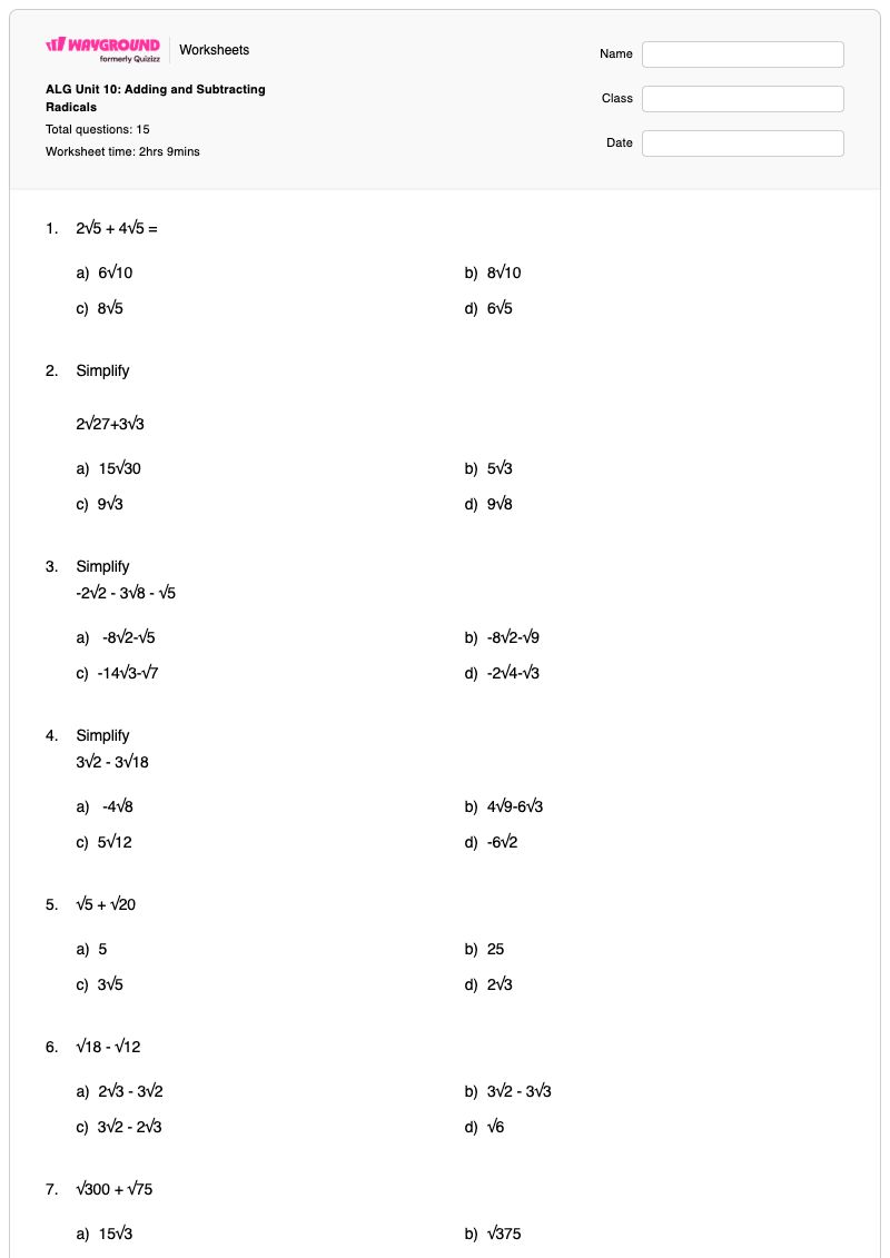 ALG Unit 10: Adding and Subtracting Radicals - พิมพ์ได้ Adding-and-subtracting-radicals เวิร์กชีท - Wayground
