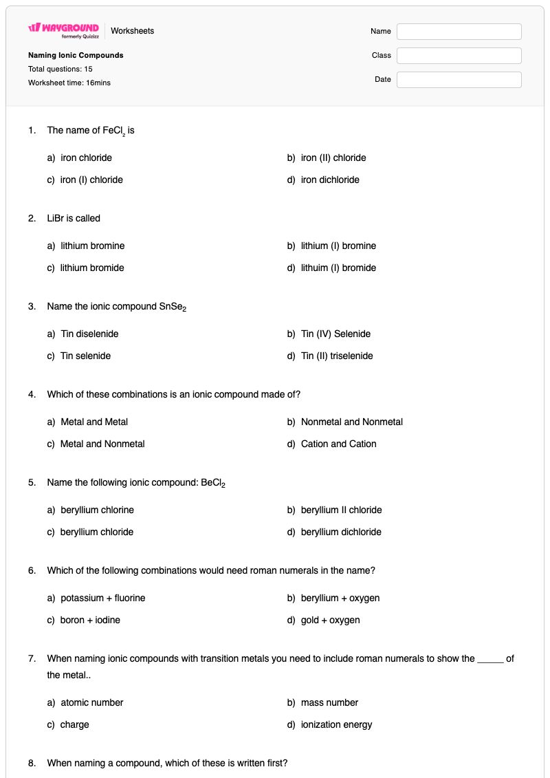 Naming Ionic Compounds - พิมพ์ได้ การตั้งชื่อสารประกอบไอออนิก เวิร์กชีท - Wayground