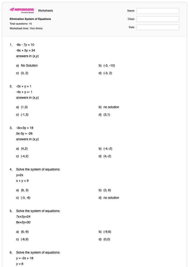 Elimination System of Equations - Printable Systems-of-equations Worksheets - Wayground