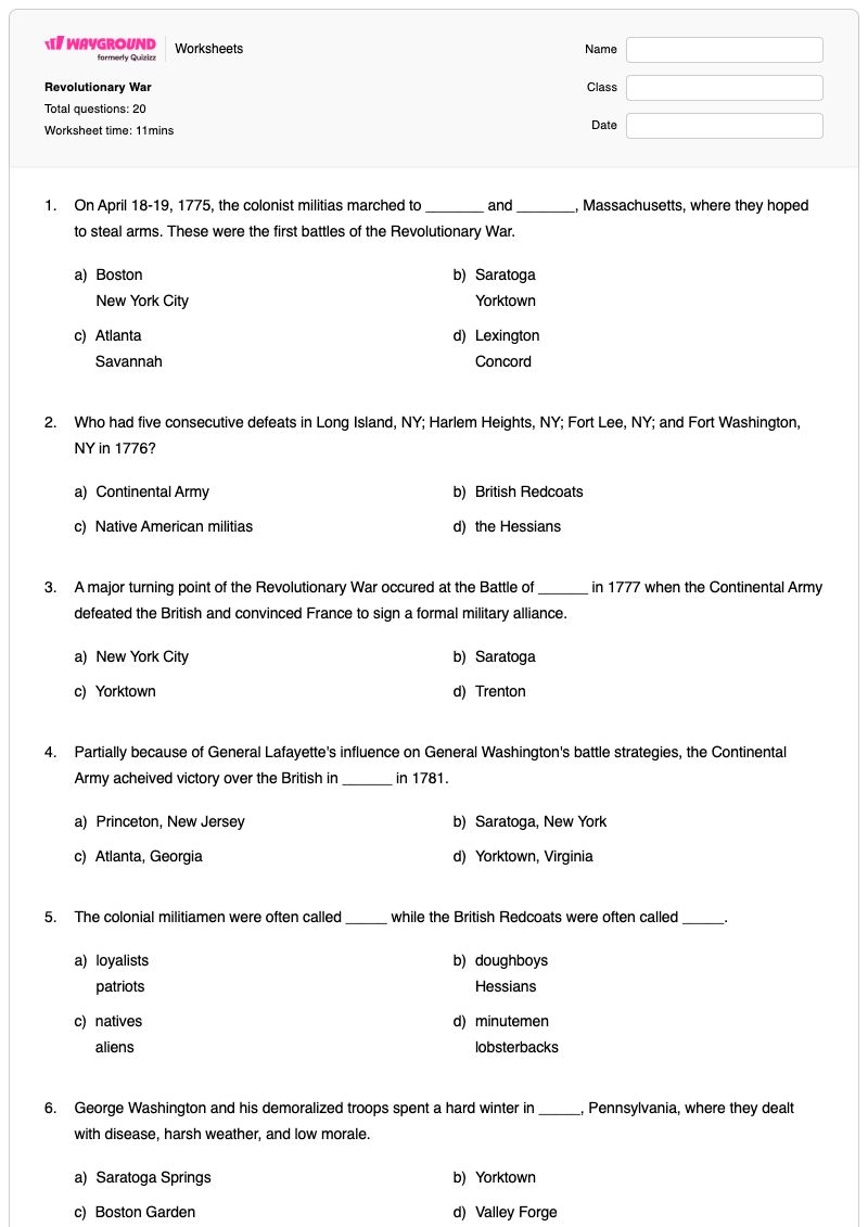 Revolutionary War  - Printable Revolutionary-war Worksheets Grade 8 - Wayground