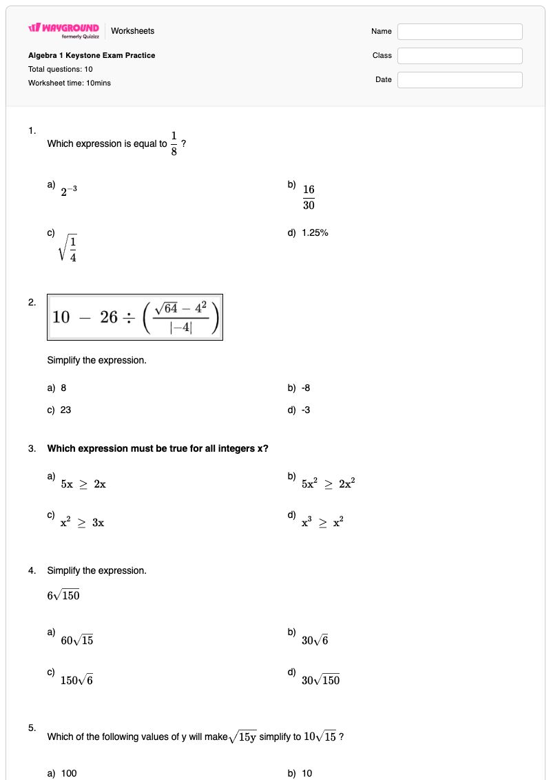 Algebra 1 Keystone Exam Practice - Printable Algebra Worksheets - Wayground