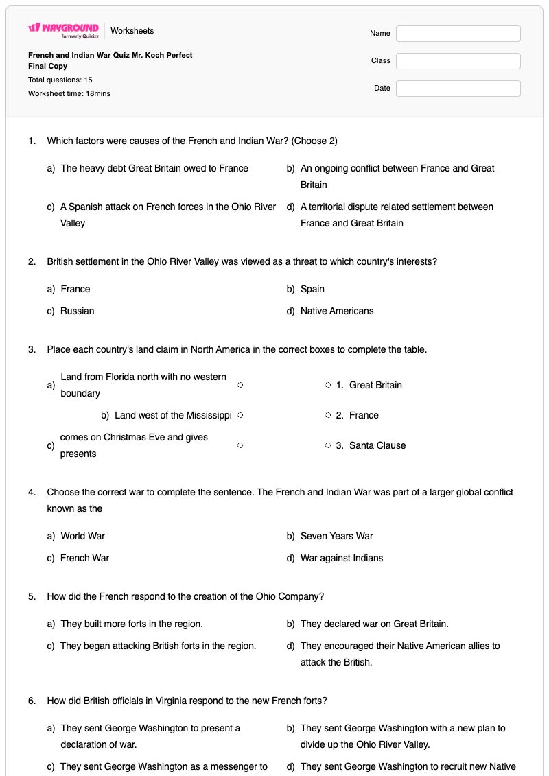 French and Indian War Quiz Mr. Koch Perfect Final Copy - Printable French-and-indian-war Worksheets - Wayground