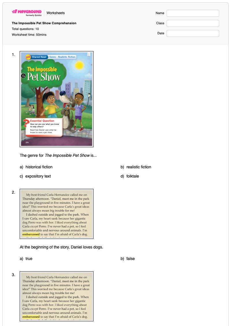 The Impossible Pet Show Comprehension - Printable Genre-writing Worksheets Grade 3 - Wayground