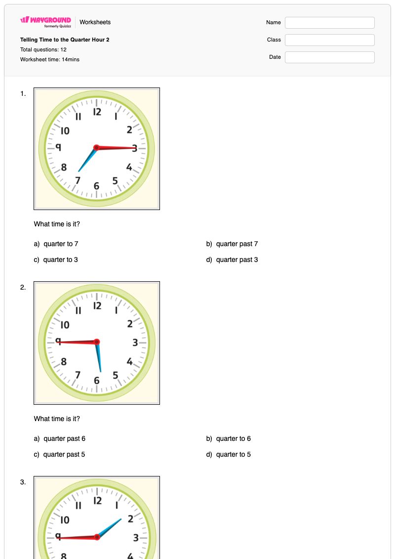 Telling Time to the Quarter Hour 2 - Printable Time-to-the-quarter-hour Worksheets Kindergarten - Wayground
