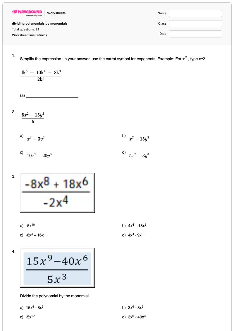 dividing polynomials by monomials - พิมพ์ได้ การดำเนินการเอกนาม เวิร์กชีท ระดับ 12 - Wayground