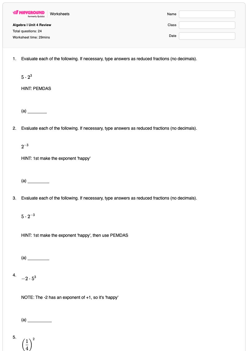 Algebra I Unit 4 Review - Printable Algebra-2 Worksheets - Wayground