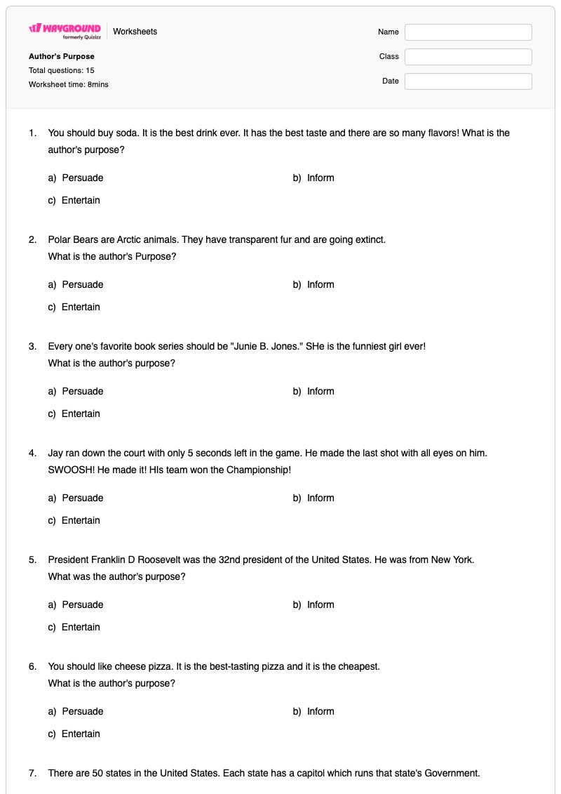 Author's Purpose - Printable Identifying-the-author-s-purpose Worksheets Class 1 - Wayground