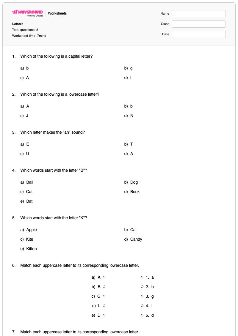 Letters  - Printable Letter-matching Worksheets Kindergarten - Wayground