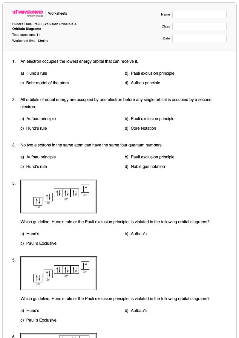 Hund's Rule, Pauli Exclusion Principle & Orbitals Diagrams - พิมพ์ได้ การกำหนดค่าอิเล็กตรอน เวิร์กชีท - Wayground