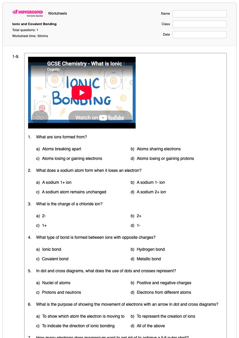 Ionic and Covalent Bonding - พิมพ์ได้ การก่อตัวของไอออน เวิร์กชีท ระดับ 8 - Wayground