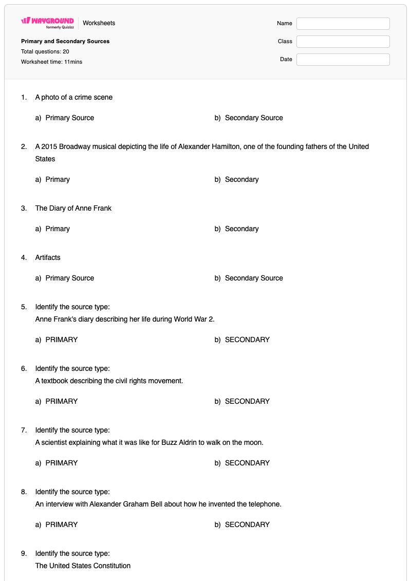 Primary and Secondary Sources - Printable Primary-and-secondary-sources Worksheets - Wayground