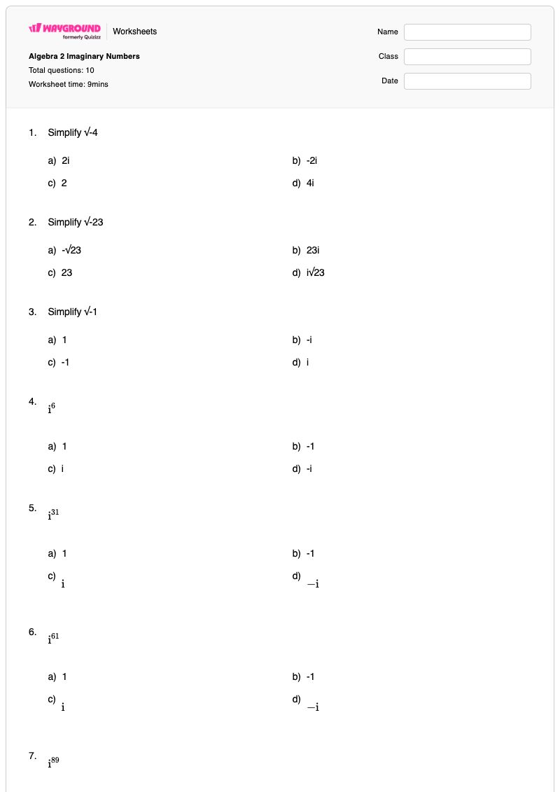 Algebra 2 Imaginary Numbers - Printable Algebra-2 Worksheets - Wayground