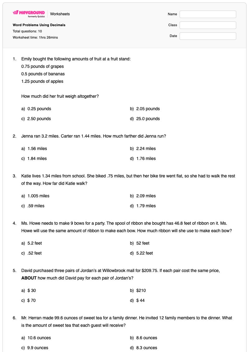 Word Problems Using Decimals - พิมพ์ได้ Decimal-word-problems เวิร์กชีท - Wayground
