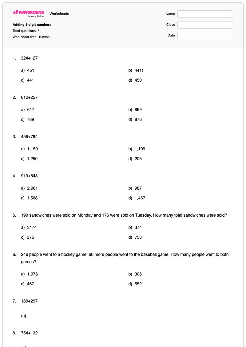 Adding 3-digit numbers - พิมพ์ได้ Adding-three-single-digit-numbers เวิร์กชีท ระดับ 3 - Wayground