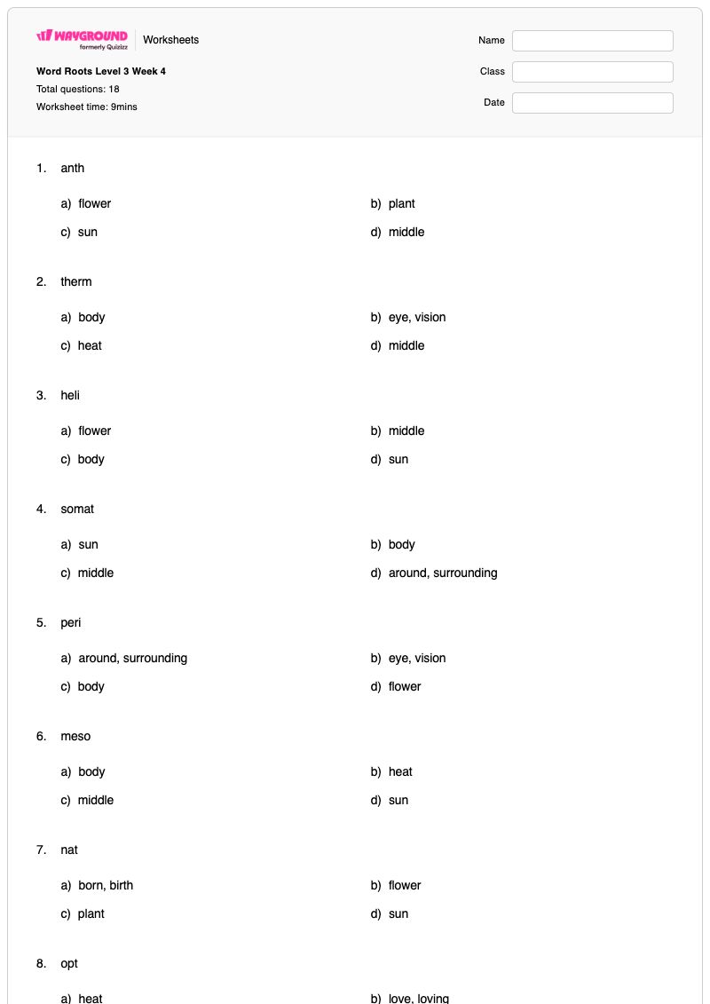 Word Roots Level 3 Week 4 - Printable Biology Worksheets - Wayground