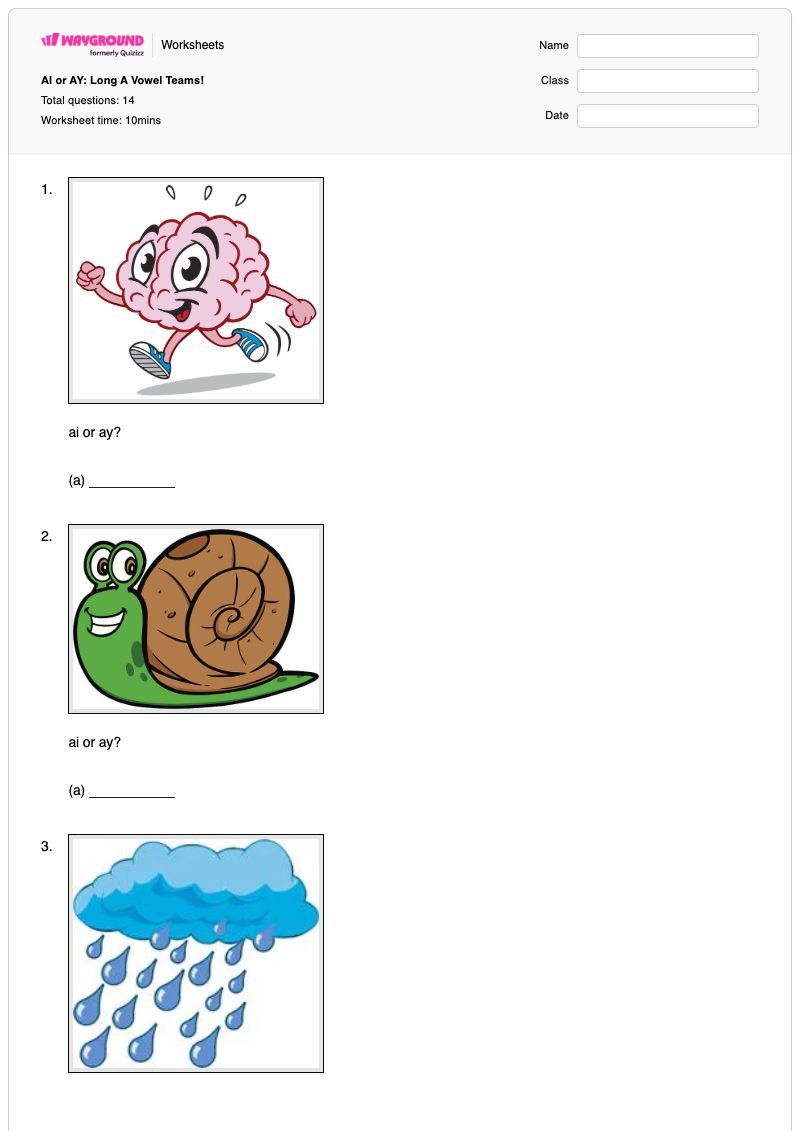 AI or AY: Long A Vowel Teams! - Printable Vowel-teams Worksheets Kindergarten - Wayground